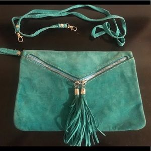 Suede Green cross body/ wristlet bag
